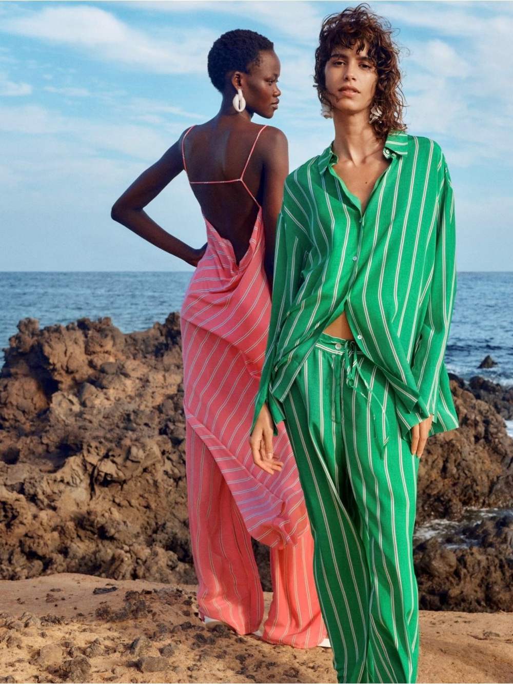 Green and white striped H&M drawstring pants